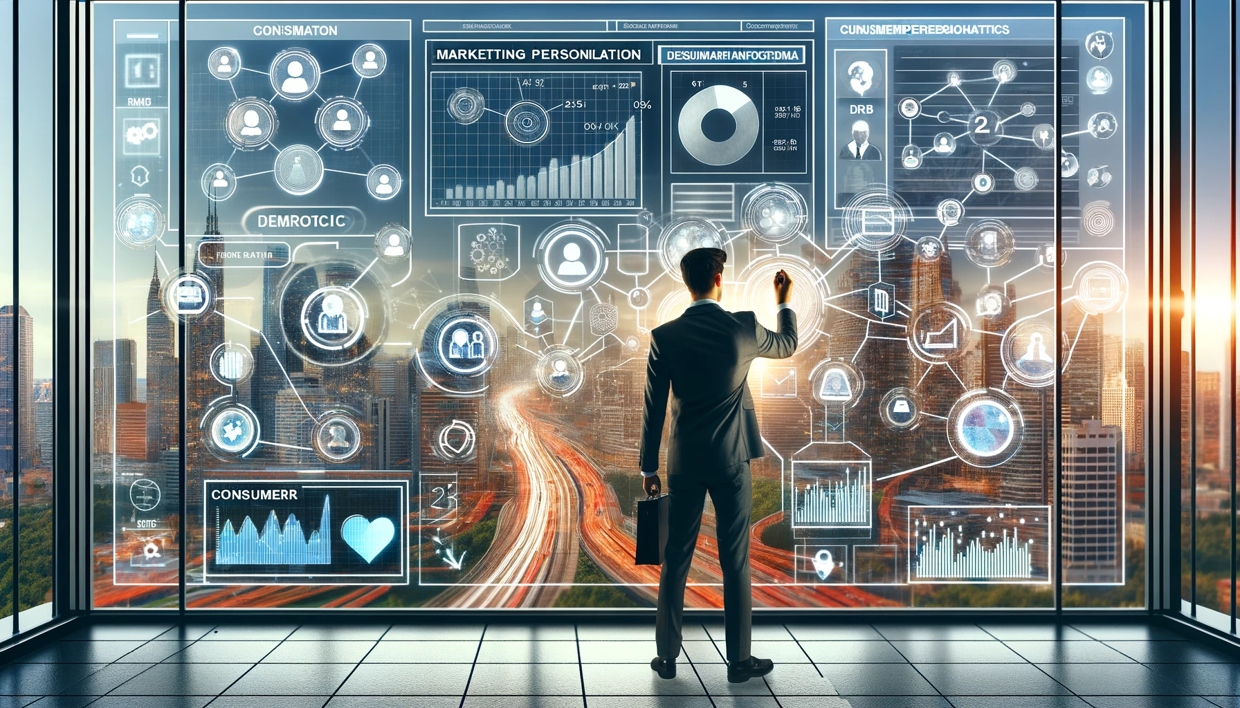 "A businessman interacts with a large screen displaying various data charts, graphs, and icons, overlooking a city skyline"