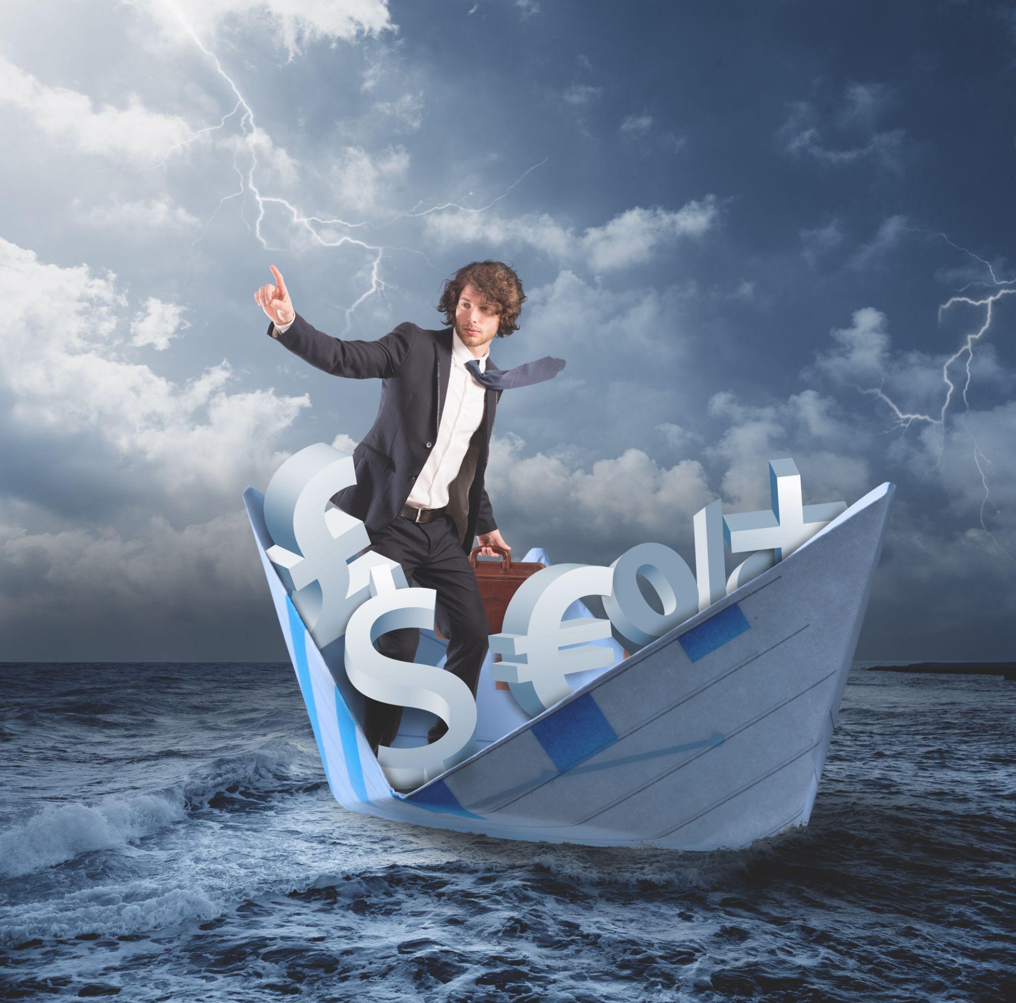 depicts a man in a currency symbol boat in a stormy sea, symbolizing economic turmoil.