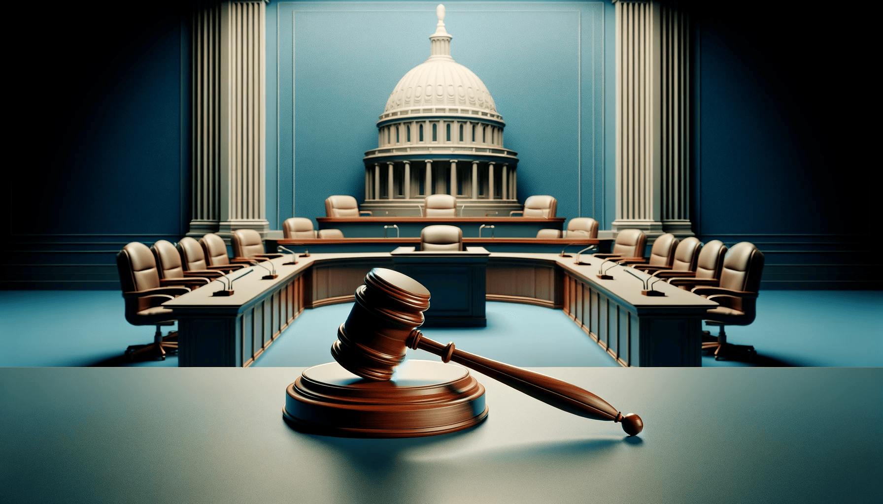 :"Congressional hearing room with empty seats and a gavel on the desk, depicting the seriousness of the legislative process”.