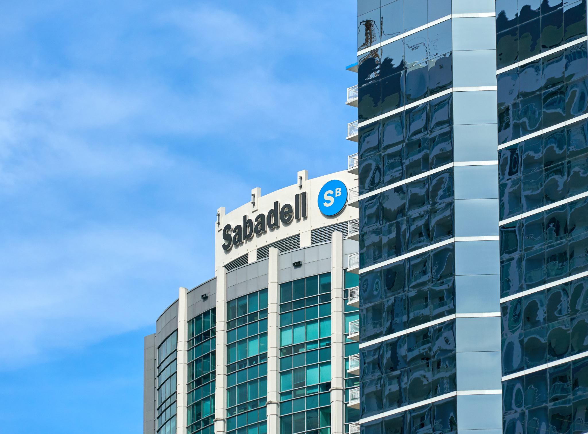 Sabadell Bank building in Miami, USA. Banco de Sabadell, S.A. is a banking group with its logo on the building.