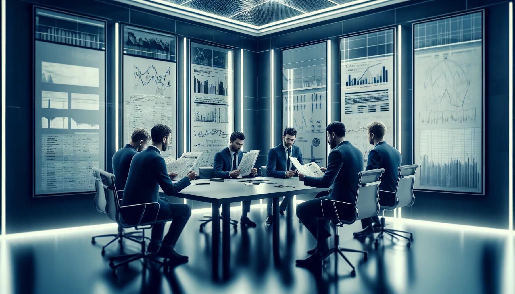 ”A group of financial analysts in a modern office, examining printed reports with whiteboards displaying diagrams and notes.”