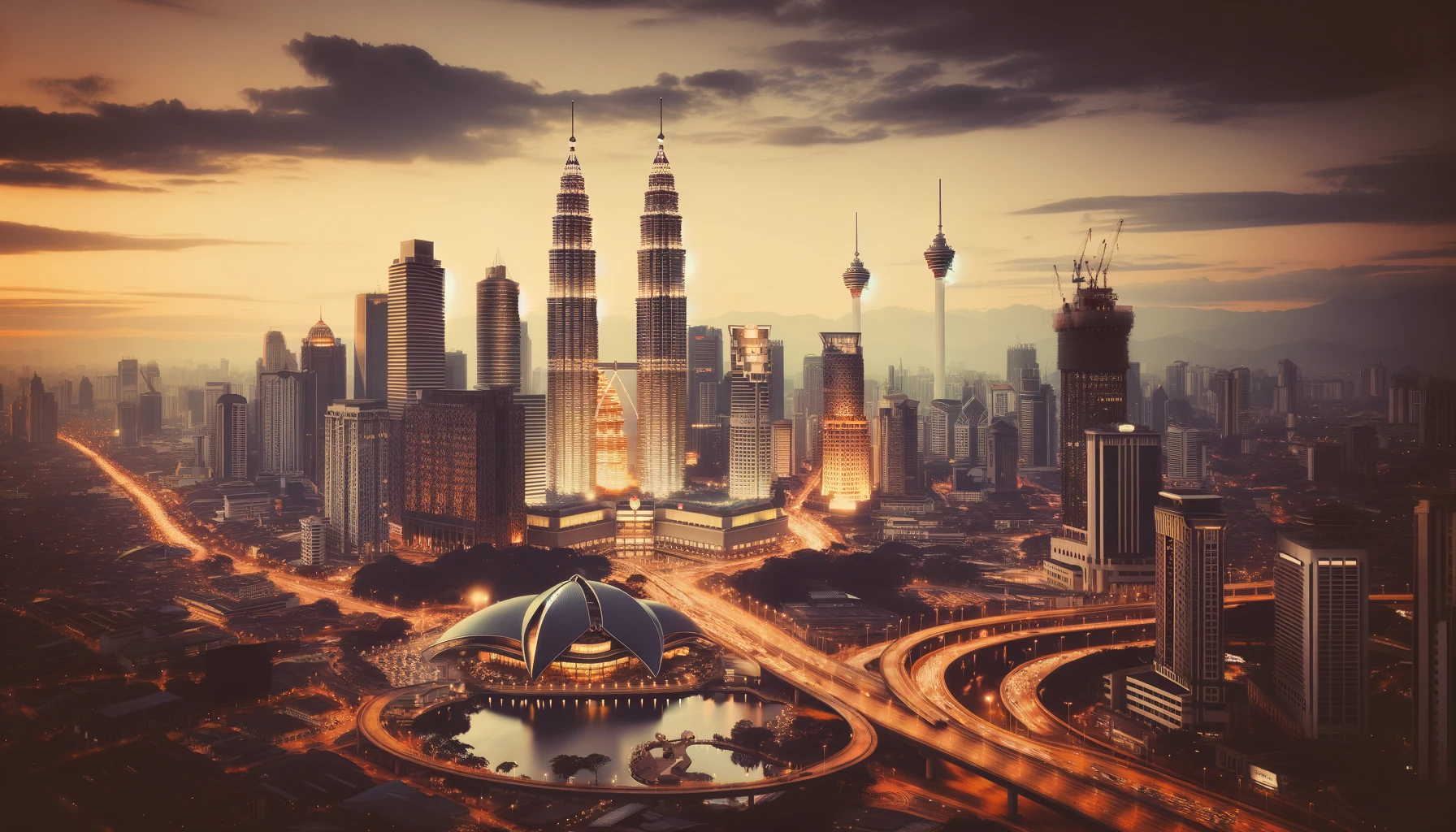 "Kuala Lumpur skyline with prominent Malaysian landmarks at dusk, showcasing economic growth with a vintage filter."