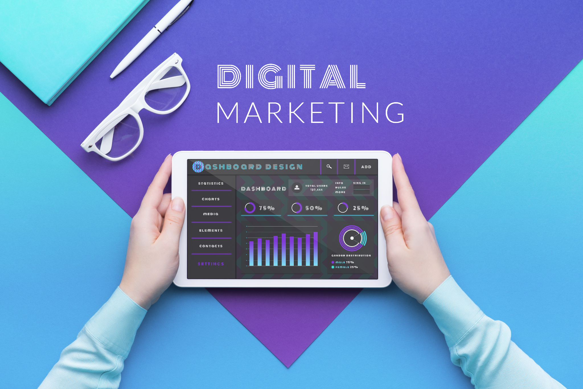 "Hands holding a tablet displaying digital marketing analytics and dashboards against a vibrant purple background".