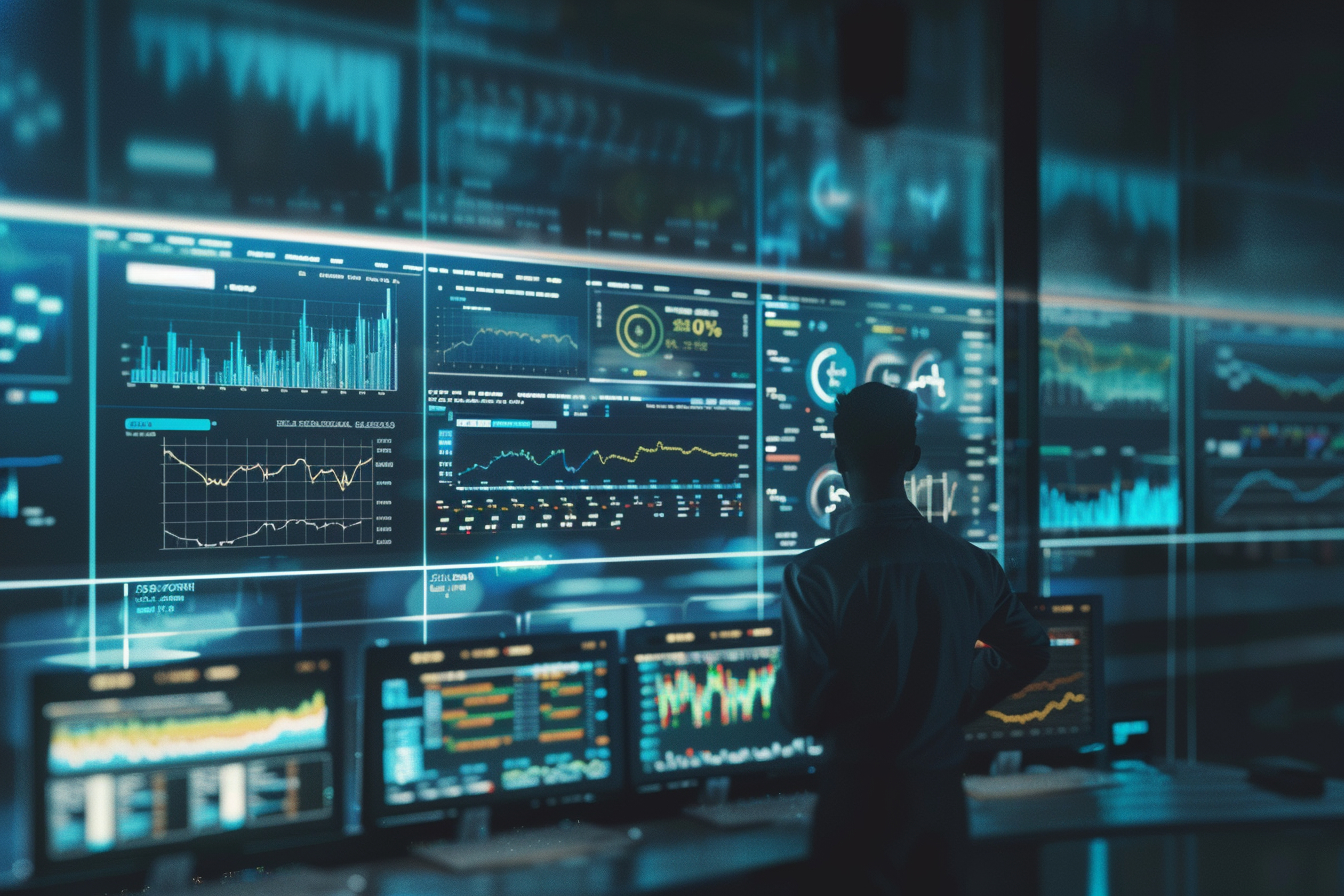 Financial analyst on high-tech trading floor monitoring automated strategies on a large digital dashboard.