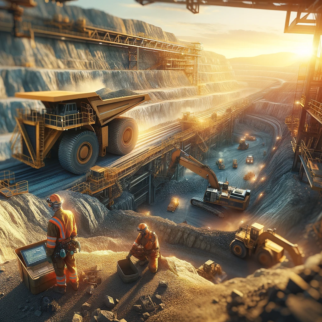 A modern mining operation with large machinery and workers in safety gear actively engaged in excavation tasks.