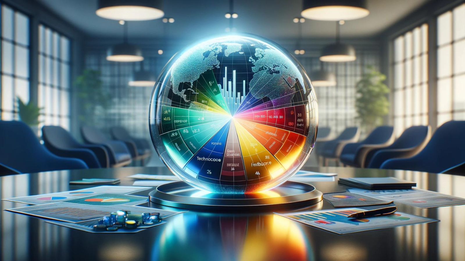 Globe highlighting emerging markets on a desk with financial charts.