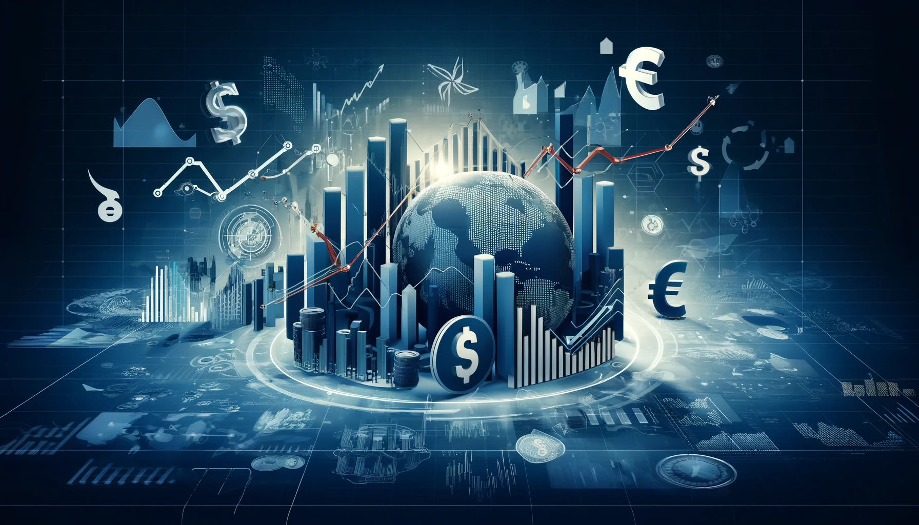 "Digital illustration of economic trends with graphs, charts, and financial symbols."