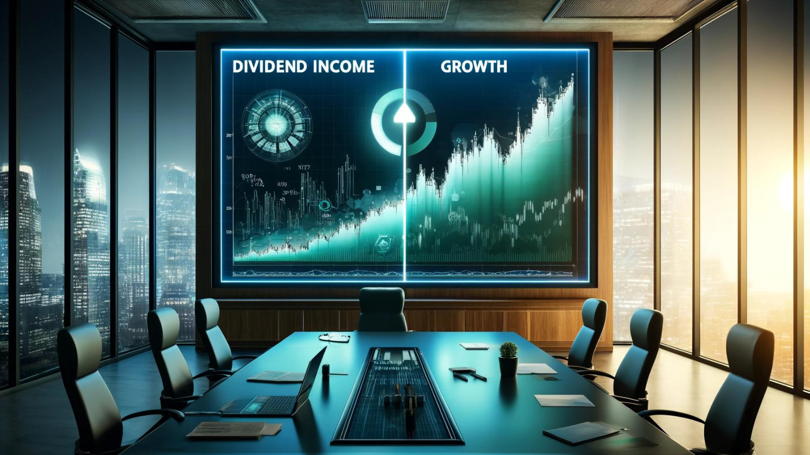 Digital screen showing graphs for dividend payouts and stock growth.