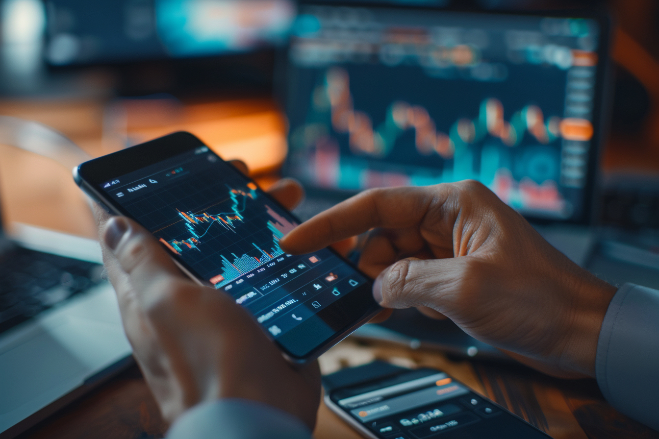 Close-up of hands holding smartphone, analyzing cryptocurrency market graph, investment growth chart, planning strategy.