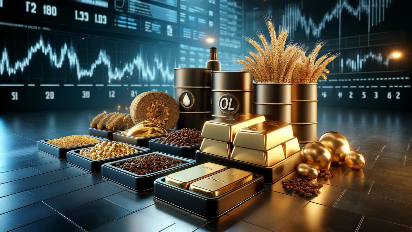 Diverse commodities on a trading floor, symbolizing investment diversification.