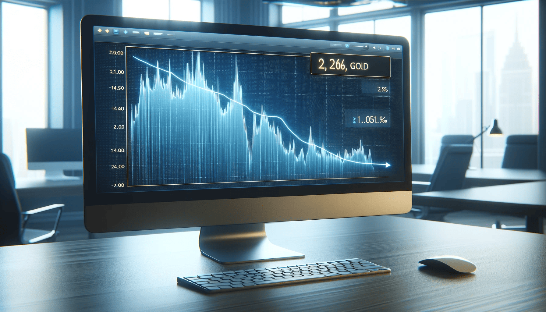 :”A computer screen in a professional office showing a decline in gold prices with a line graph, indicating a significant drop”.