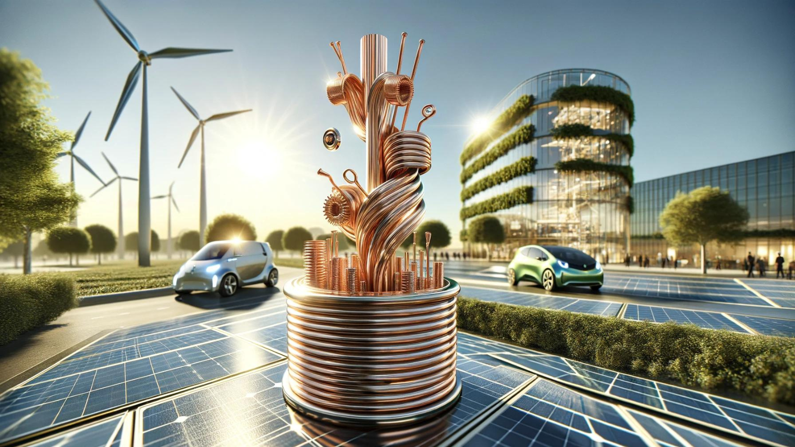 "Copper wires with blurred solar panel and wind turbine."