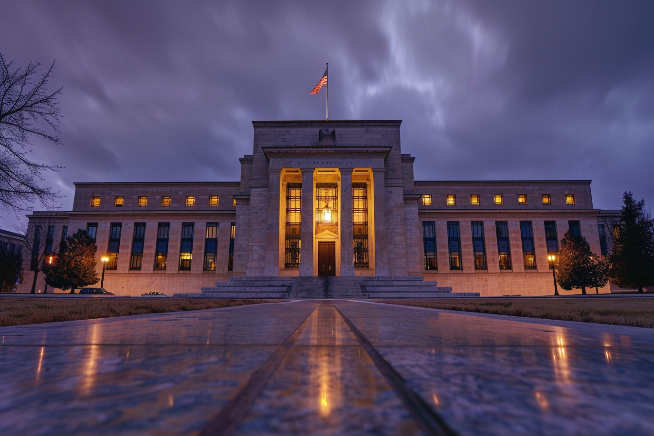 The Federal Reserve building in Washington, D.C., viewed in the daylight with a clear sky.