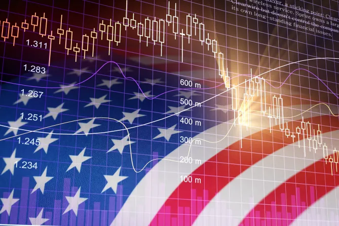 :”USA flag with stock market graph overlay, illustrating Forex trading and investment concept in the American market”.