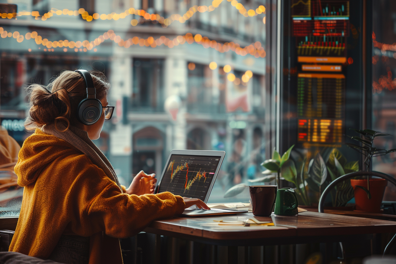 Trader in cafe: laptop, cloud platform, city view, coffee symbolize accessibility