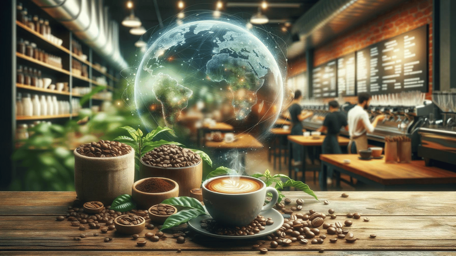 "Coffee beans and cup with blurred coffee shop and green coffee plants background."