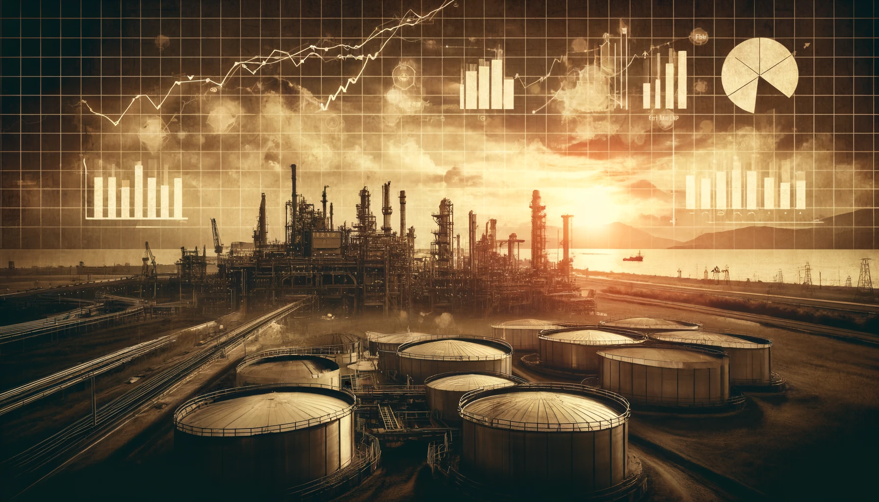 "Oil refinery with storage tanks and pipelines, silhouetted oil rigs in the background at sunset."