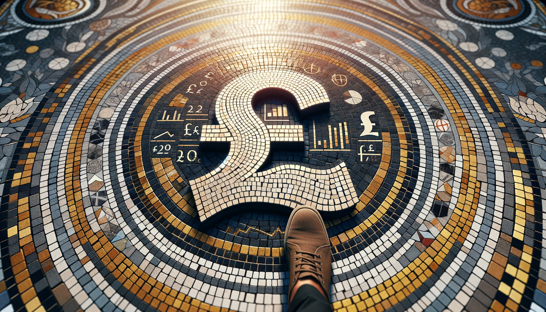 Close-up of a mosaic tile floor with a large pound symbol (£) and economic indicators, relating to BoE's monetary decisions.