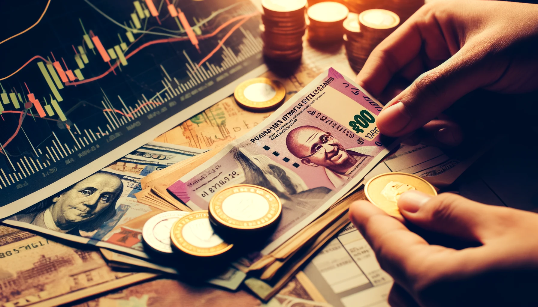 "Close-up of Indian rupees and U.S. dollars on a table with financial charts, retro effect."