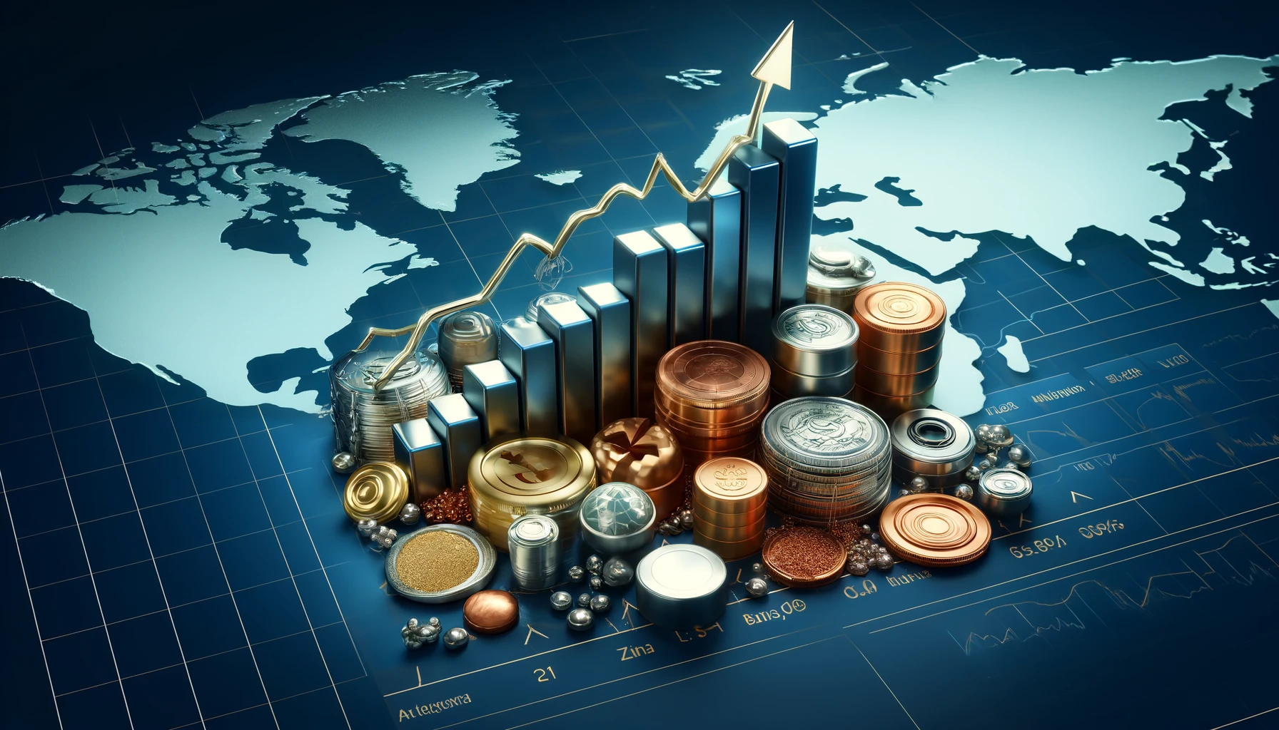 Global stock market graph showing rising trends in metal prices with a world map in the background.