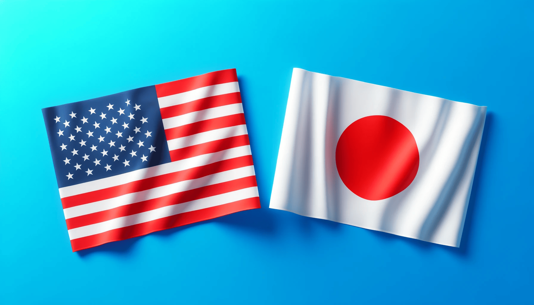 :”The flags of the United States and Japan side by side on a vivid blue background, symbolizing their economic relationship”.