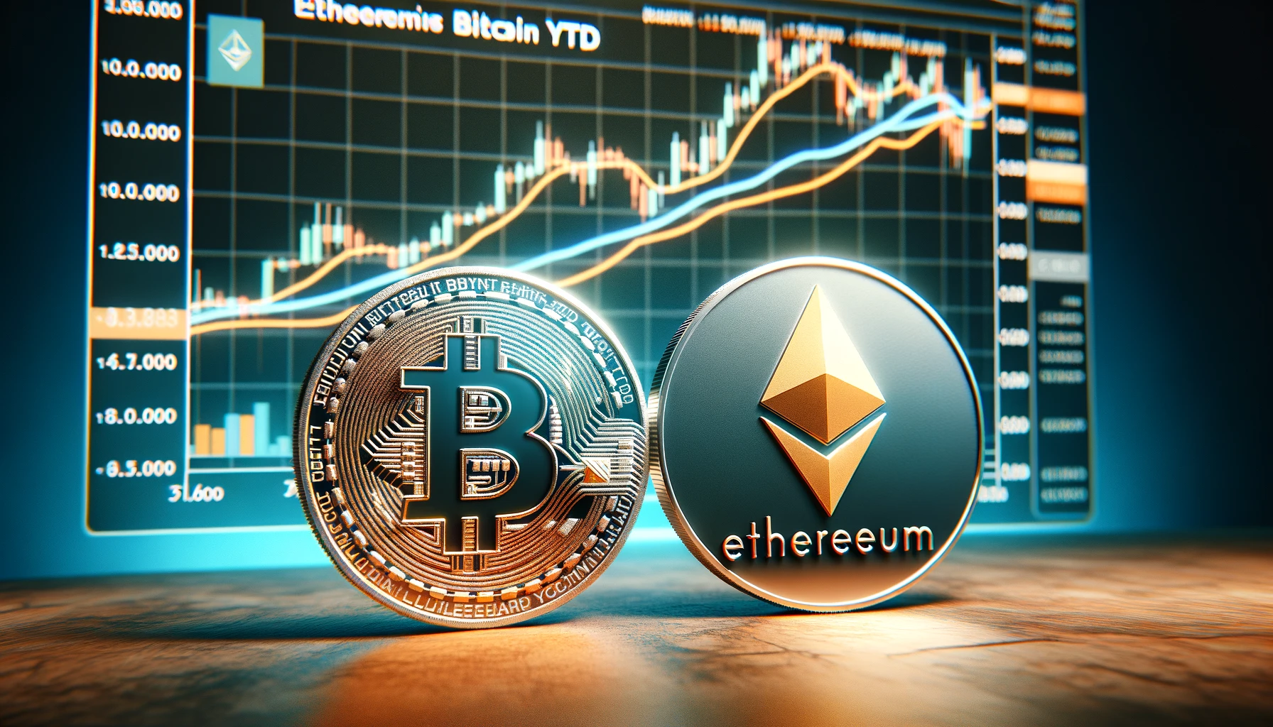 Bitcoin and Ethereum logos with a line graph showing Bitcoin's surge and Ethereum's modest gains in 2024.