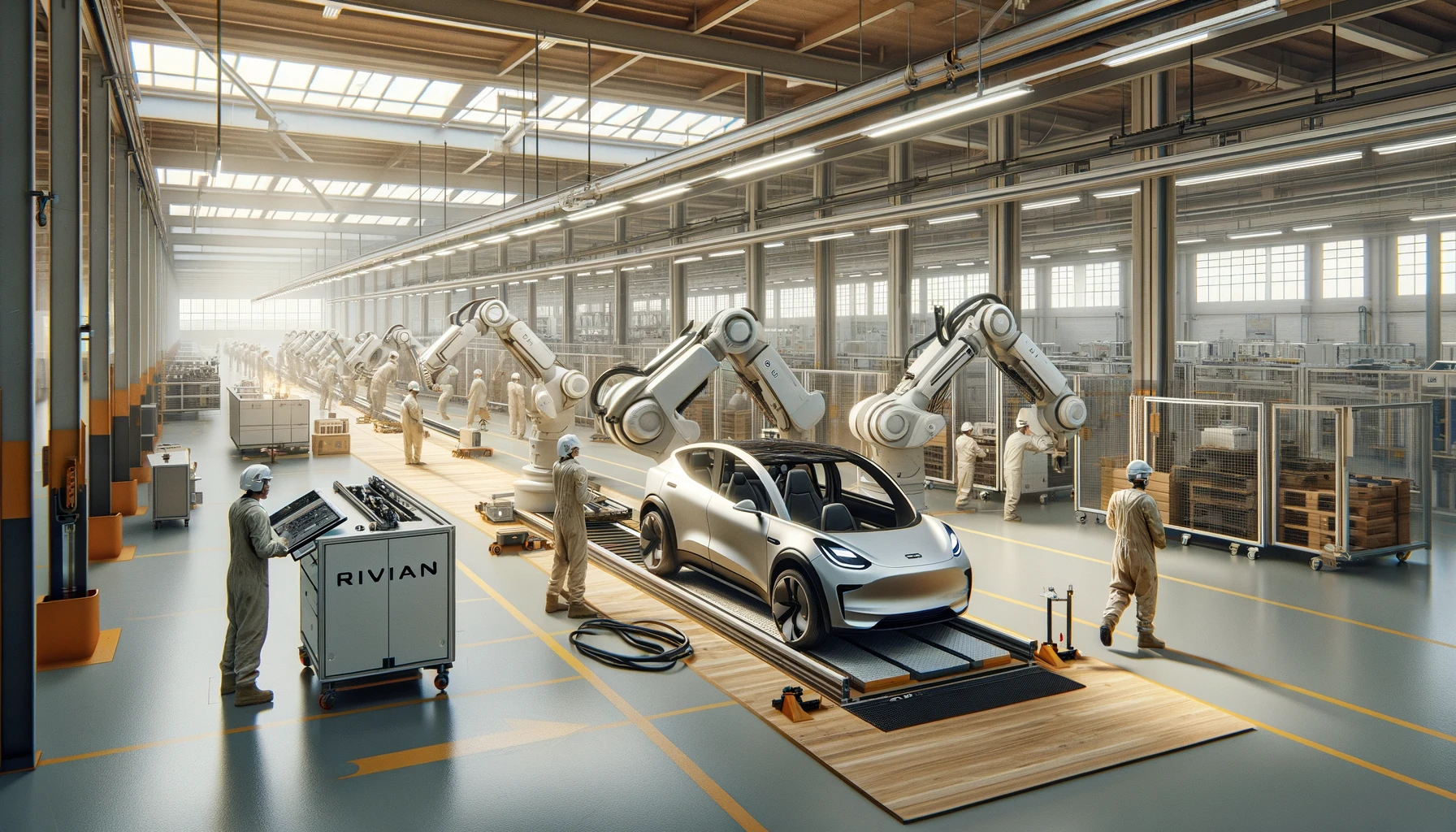 :"Modern EV manufacturing facility with Rivian branding. Workers in safety gear assemble electric vehicles with robotic arms."