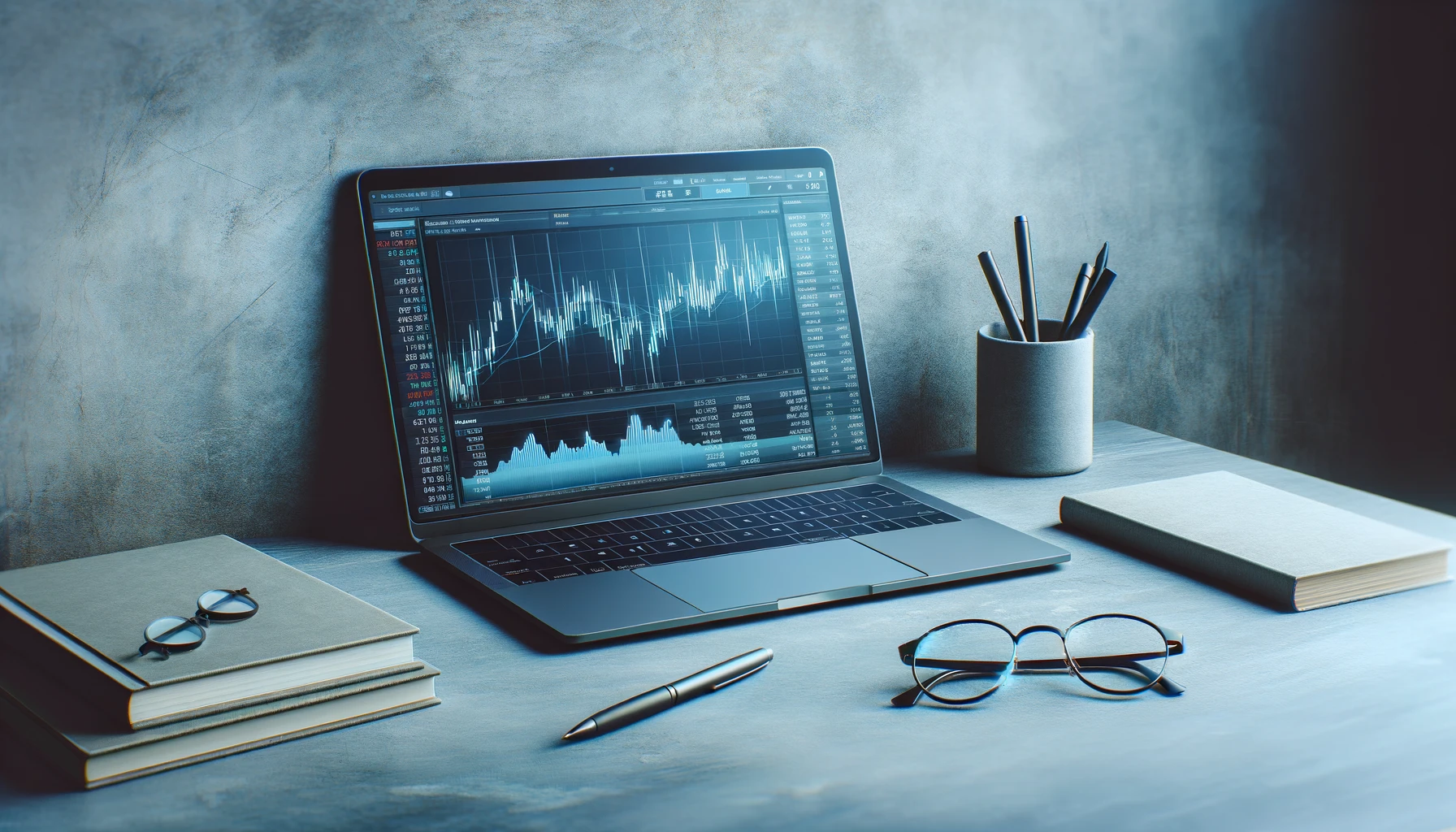 :“Serene financial workspace with a laptop showing market trends, organized desk with books, glasses, and pen in grey tones”.