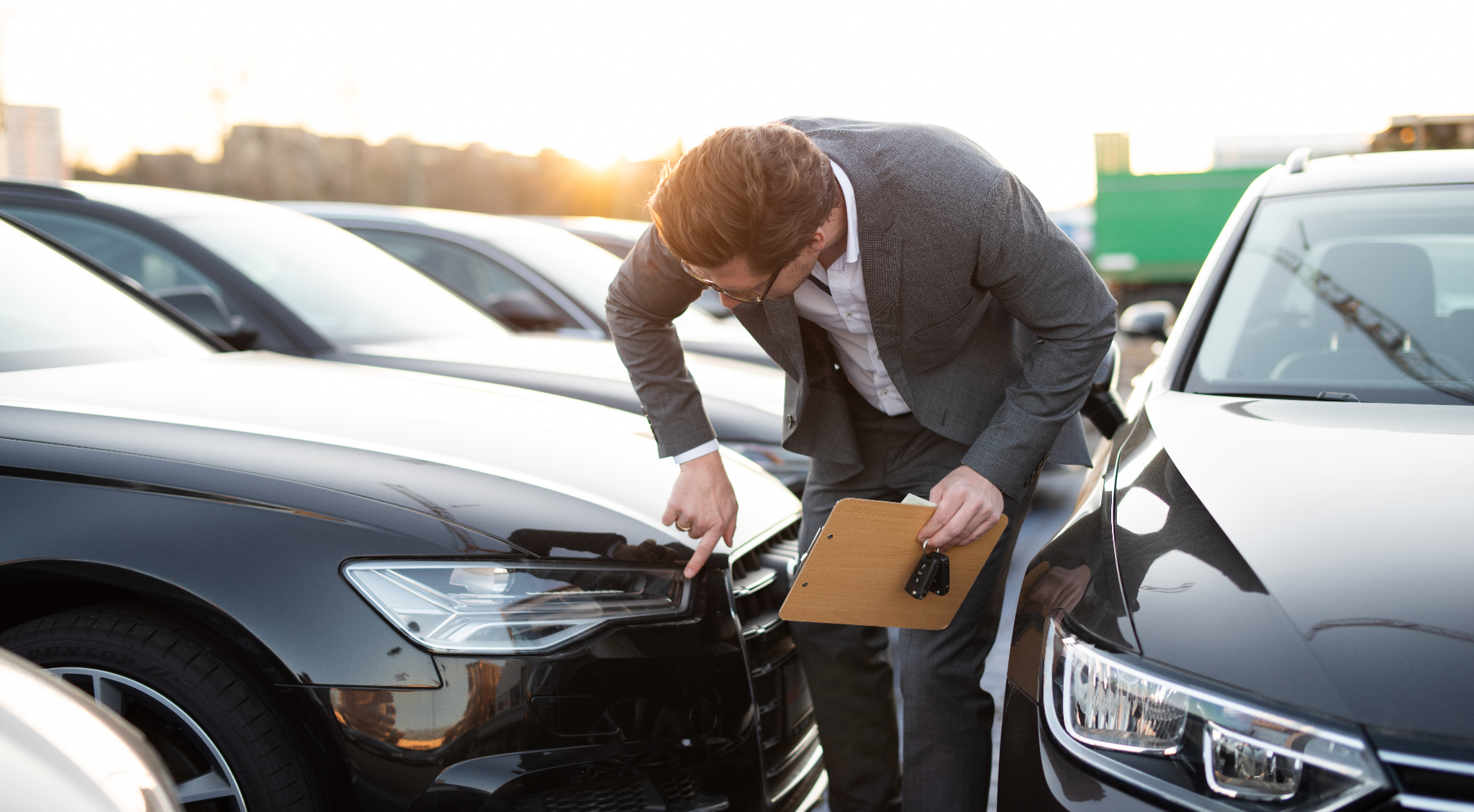 A person in a suit signs a contract on a desk with a miniature blue car, car keys, a laptop, and a calculator.