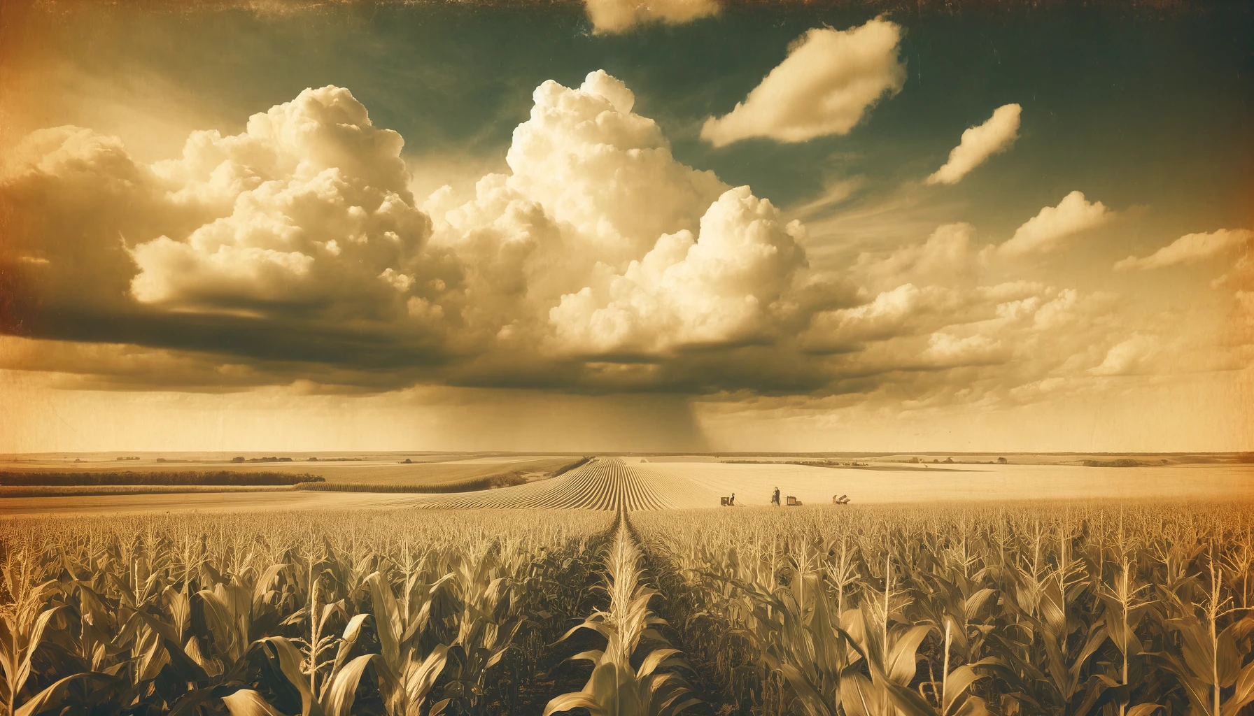 "Vintage sepia photograph of a vast cornfield under partly cloudy skies with farmers working in the distance."