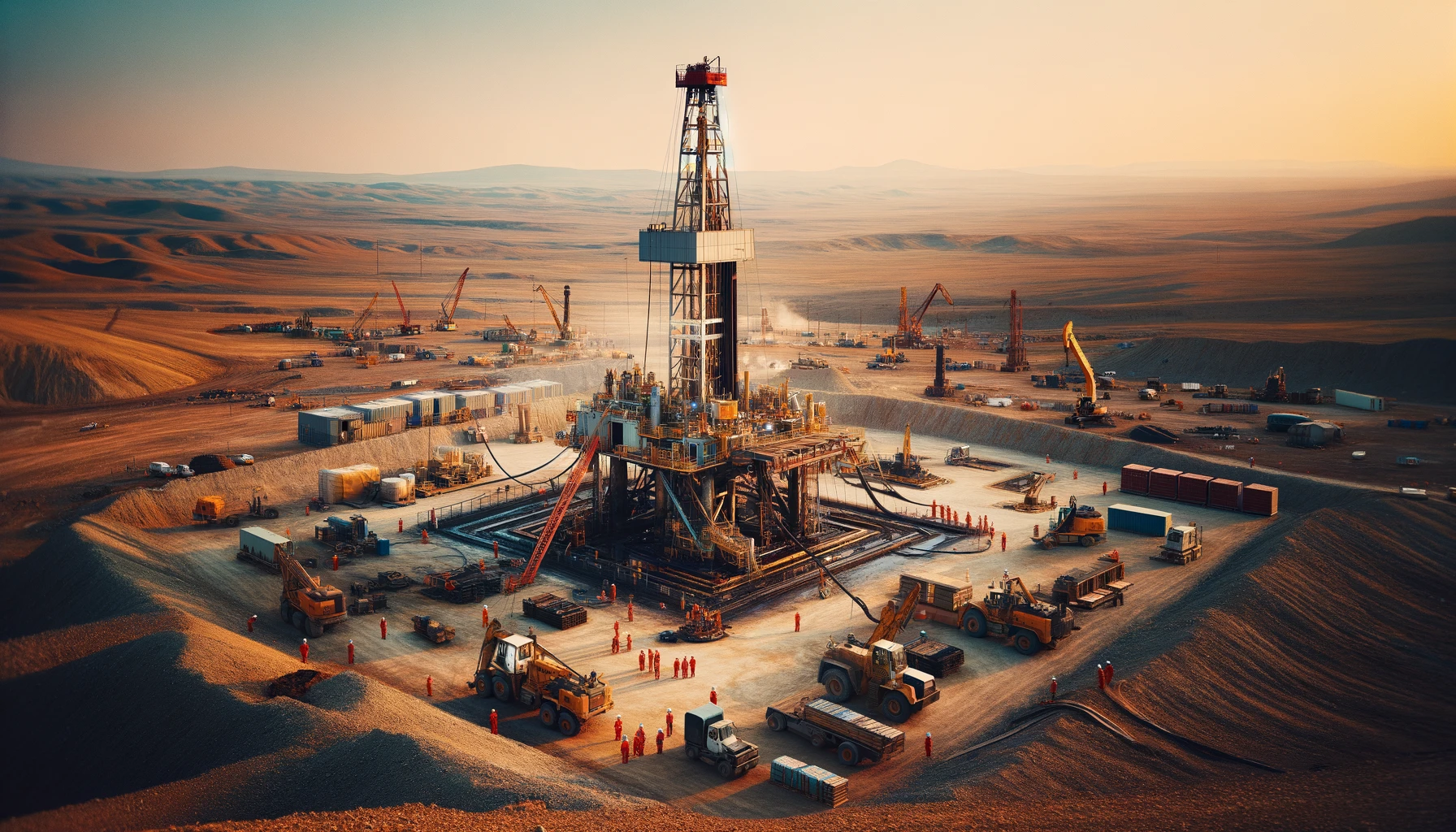 ” Oil rig operation in a remote landscape with workers in safety gear operating machinery under a clear, expansive sky.”