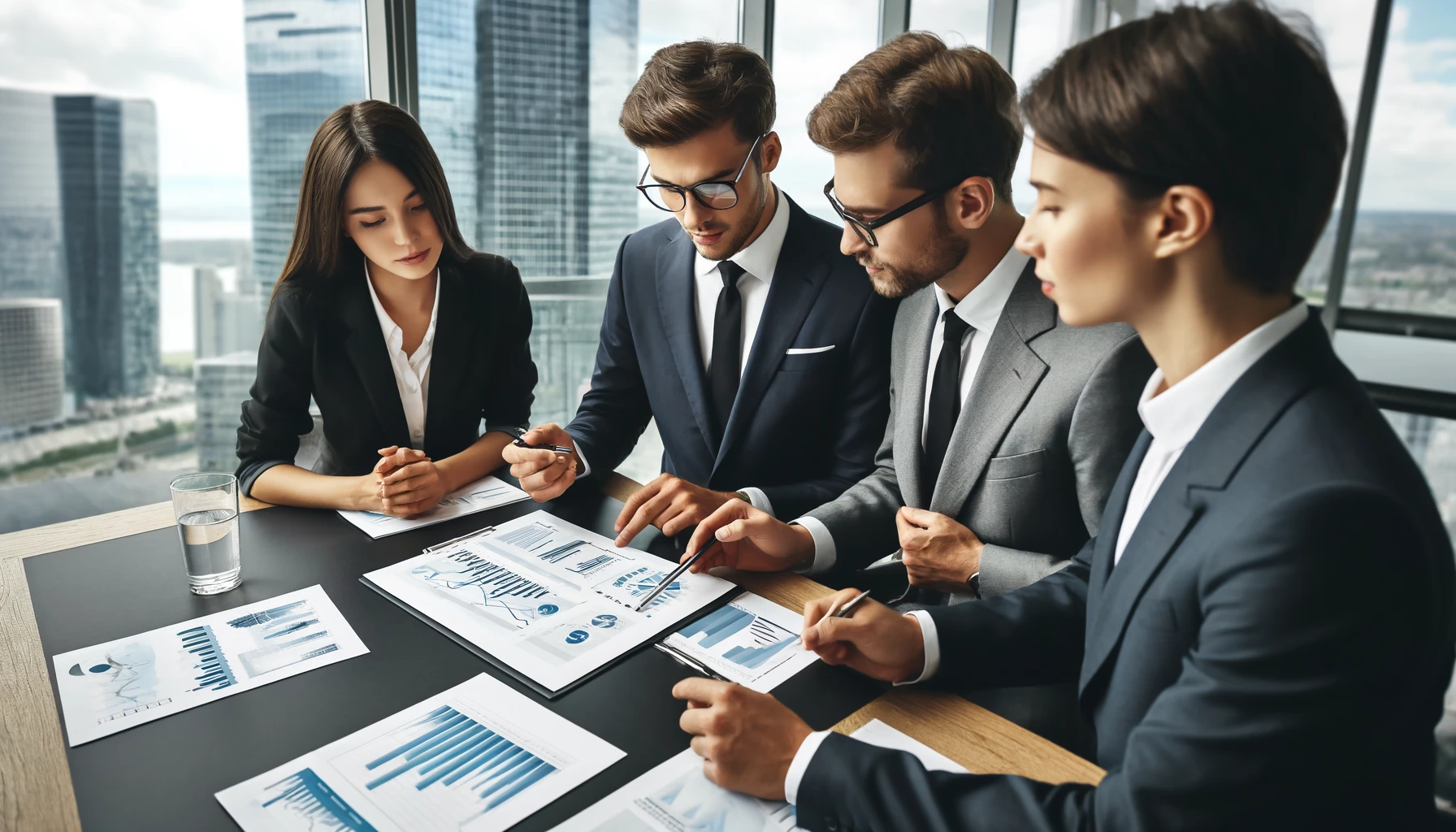 "Business professionals in an office analyzing paper reports, focused on their faces."