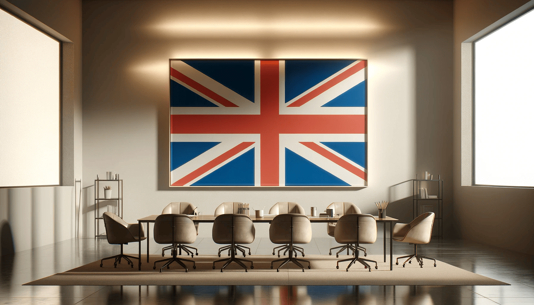 :”Modern office with a big UK flag prominently displayed and simple financial growth indicators on a screen, no people or text”.