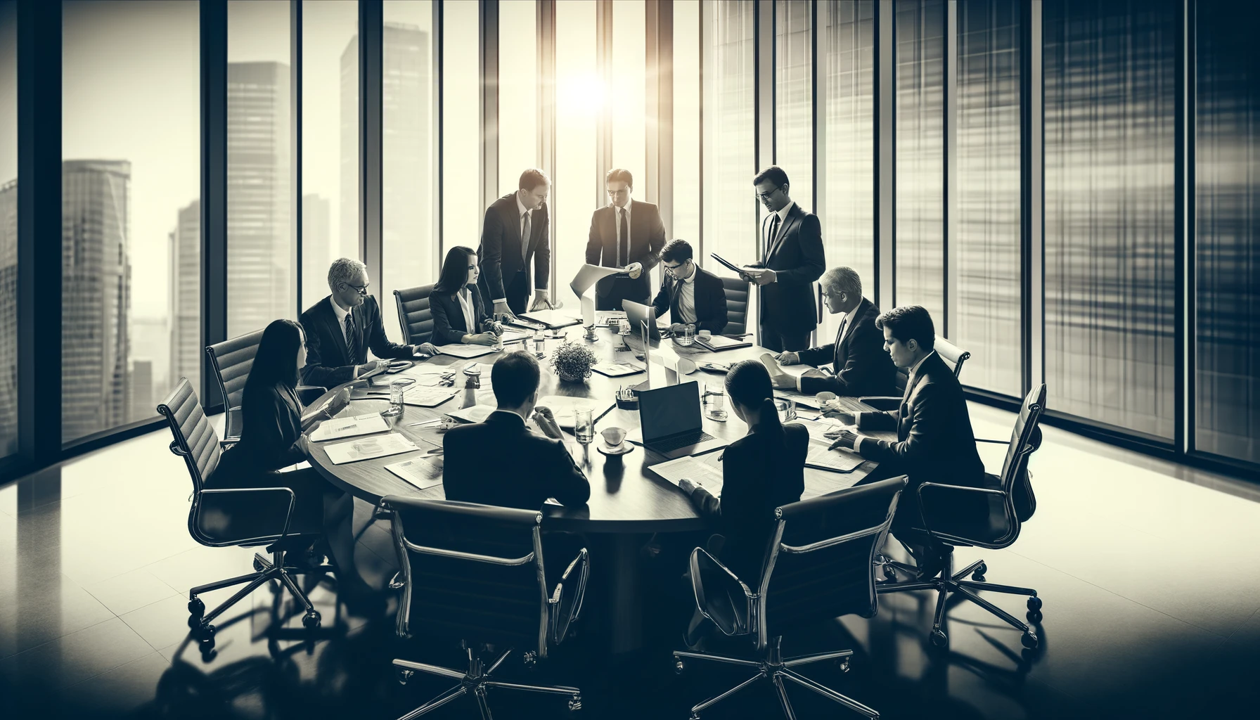 "Corporate meeting room with executives discussing a business deal, clear faces, monochrome with vignette effect."