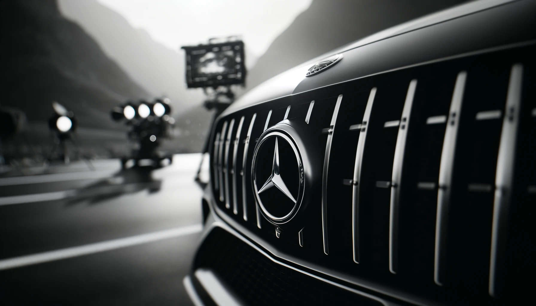 "An image of a Mercedes-Benz car, zoomed in on the front grille with the Mercedes-Benz logo prominently displayed."