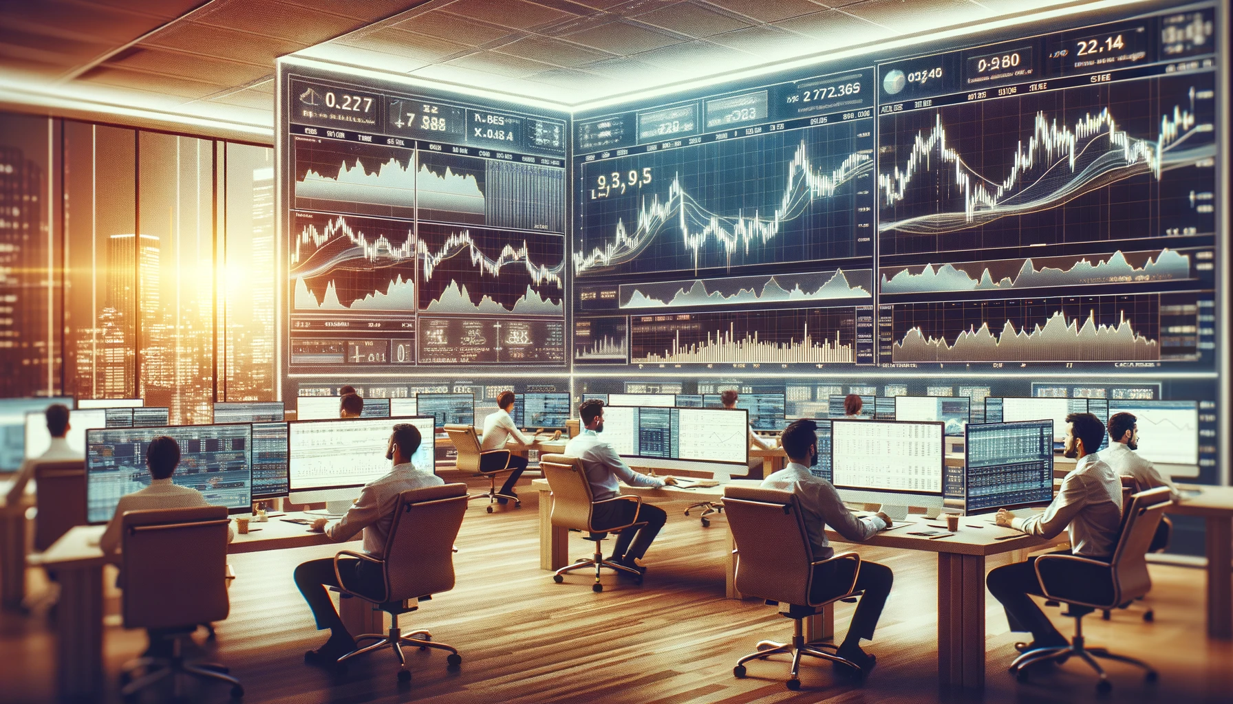 "Traders working in a financial trading room with multiple screens displaying market data, vintage filter."