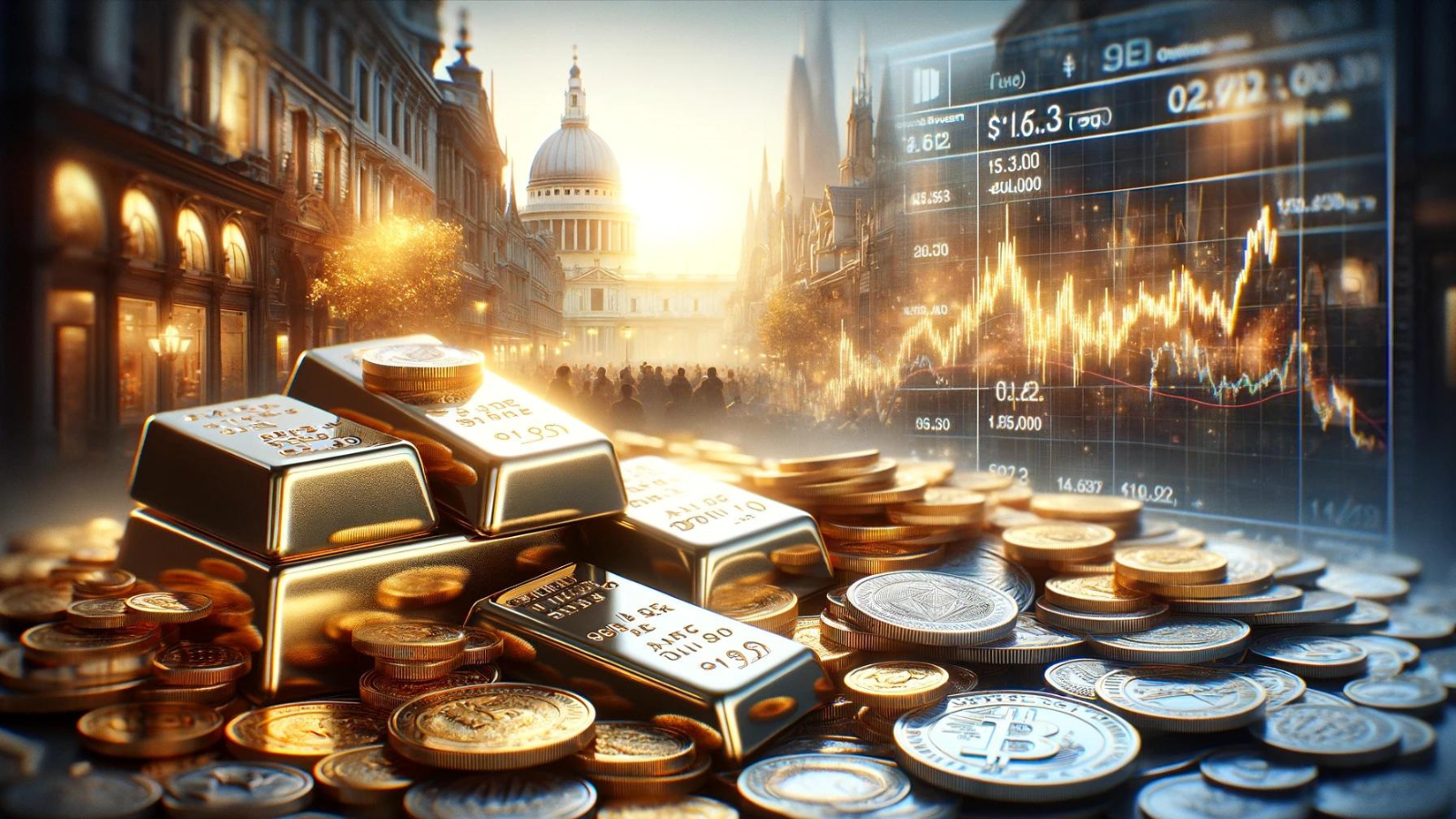 Assorted precious metals, blurred stock market and currency graphs, historical and modern landmarks background.