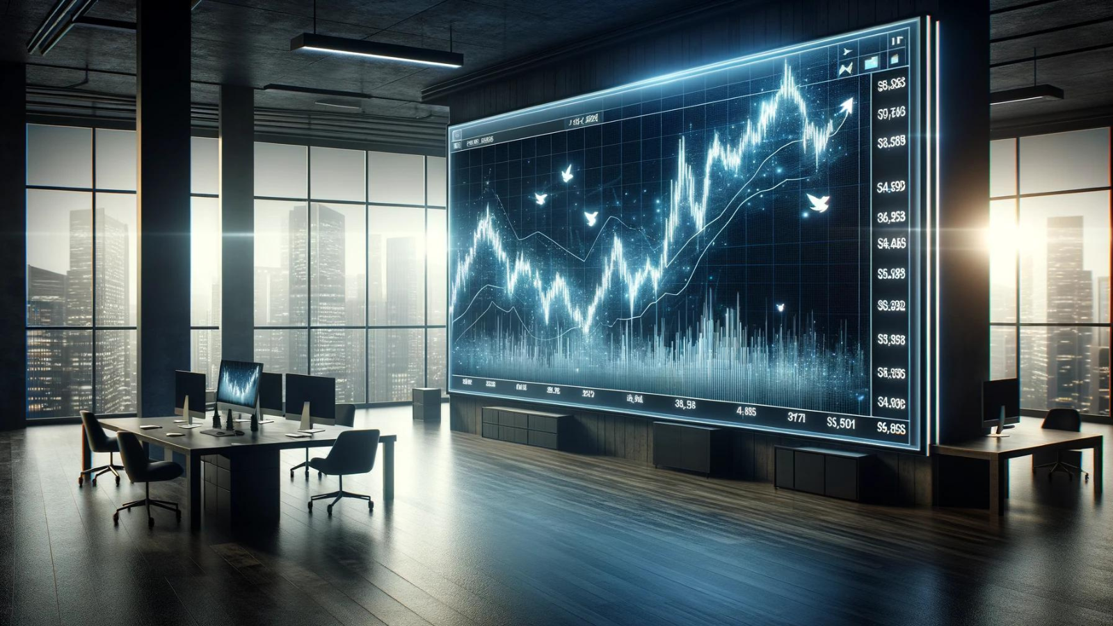 Office with digital board displaying psychological concepts in trading.