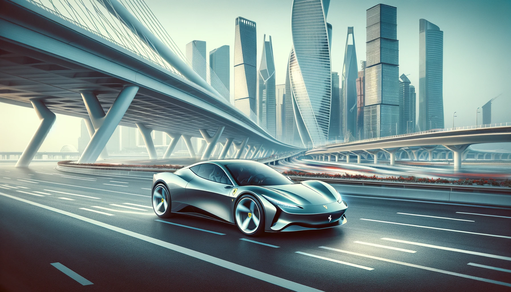 "A sleek Ferrari electric car driving through a modern cityscape, showcasing its futuristic design and innovation."