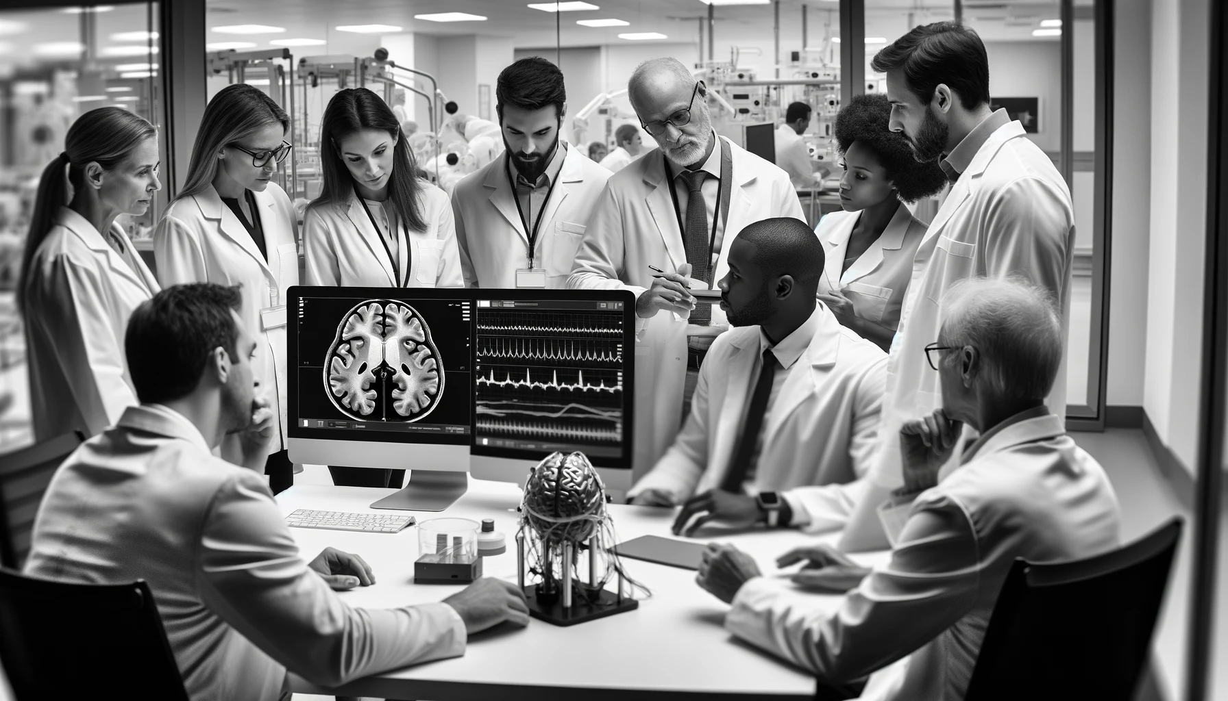 ”Scientists in a clinical trial setting examining a brain implant device with medical equipment in the background.”