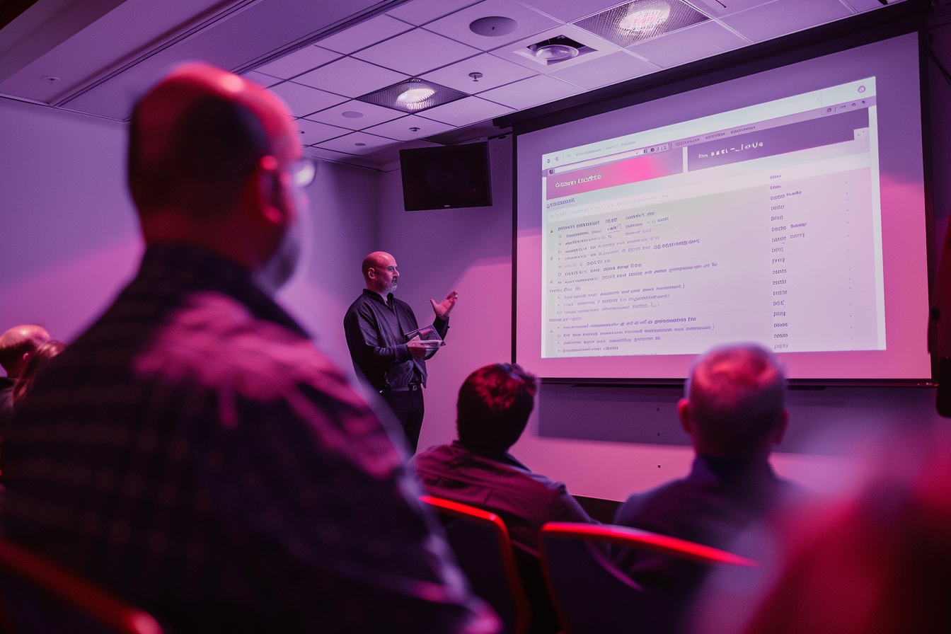 Speaker explaining phishing scams and cybersecurity. Blurred background, projector screen shows phishing examples and alerts.