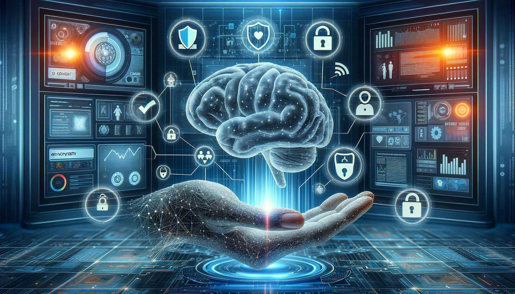 "A digital hand holds a brain surrounded by security, technology icons, data graphs, and connections on a futuristic screen".