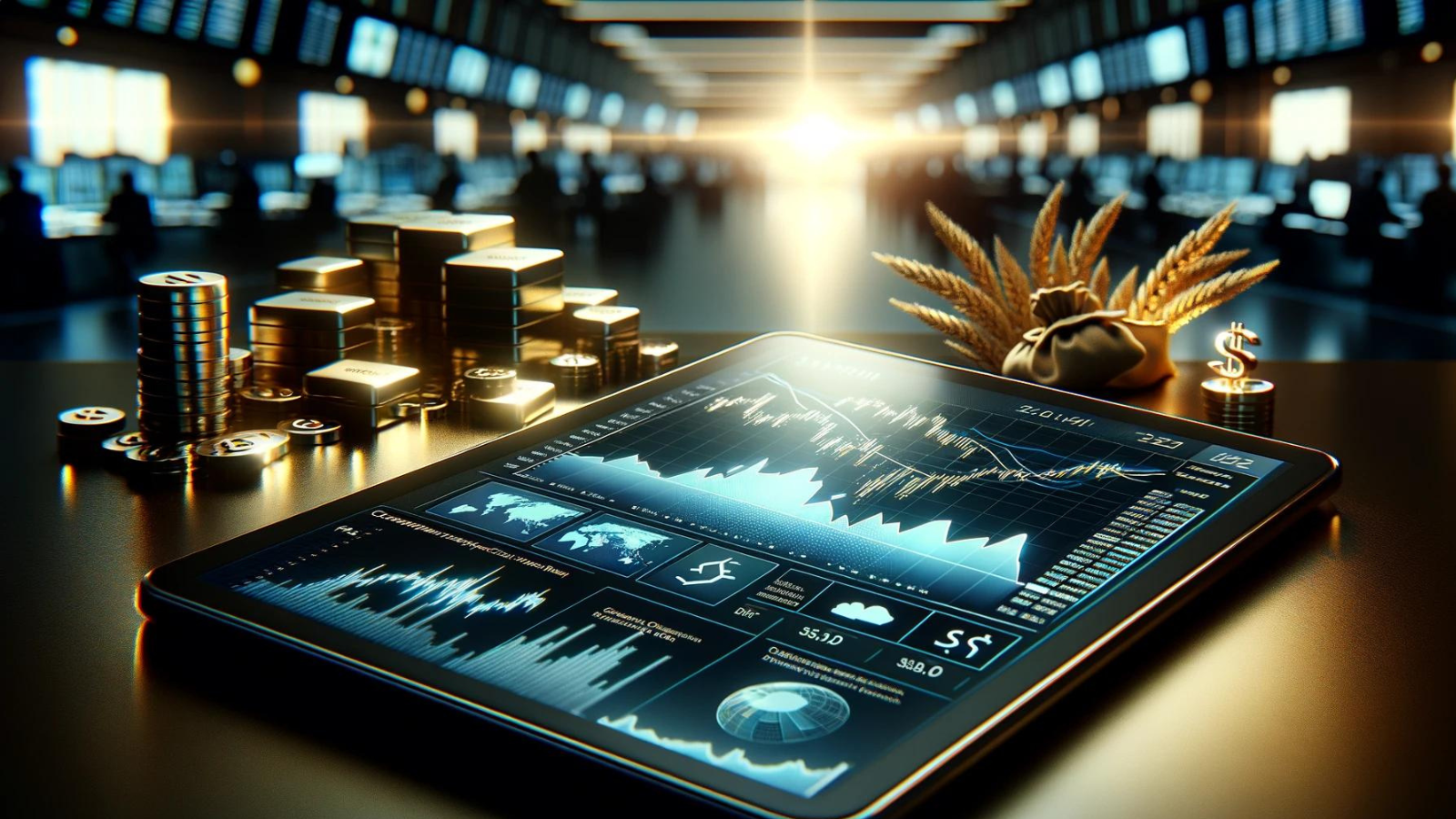 "Tablet with commodity graphs, stock floor blur, gold and oil silhouettes."