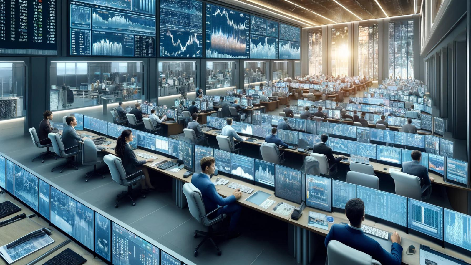 Bustling commodity trading floor with diverse traders and digital displays.