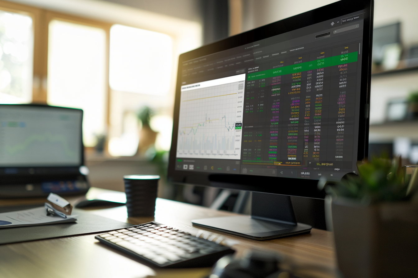 Close-up of desk with computer showing trading platform fee chart. Blurred background with documents, calculator, and coffee.