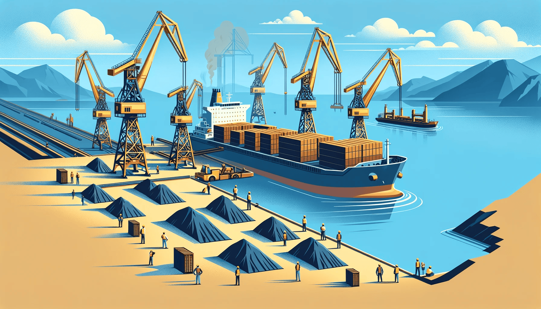 :"Realistic image of a port with cranes loading iron ore onto cargo ships, workers in safety gear overseeing the process”.