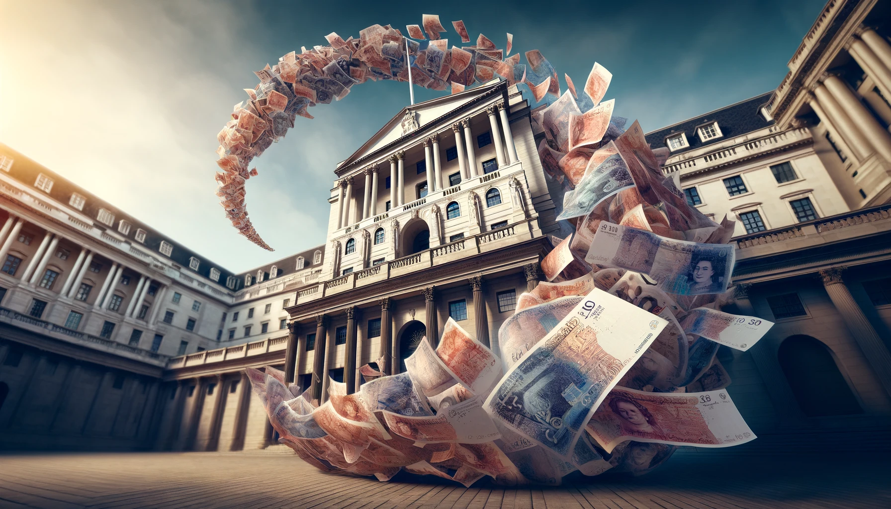 Bank of England building with British pound banknotes swirling in the air, symbolizing the impact of monetary policy.