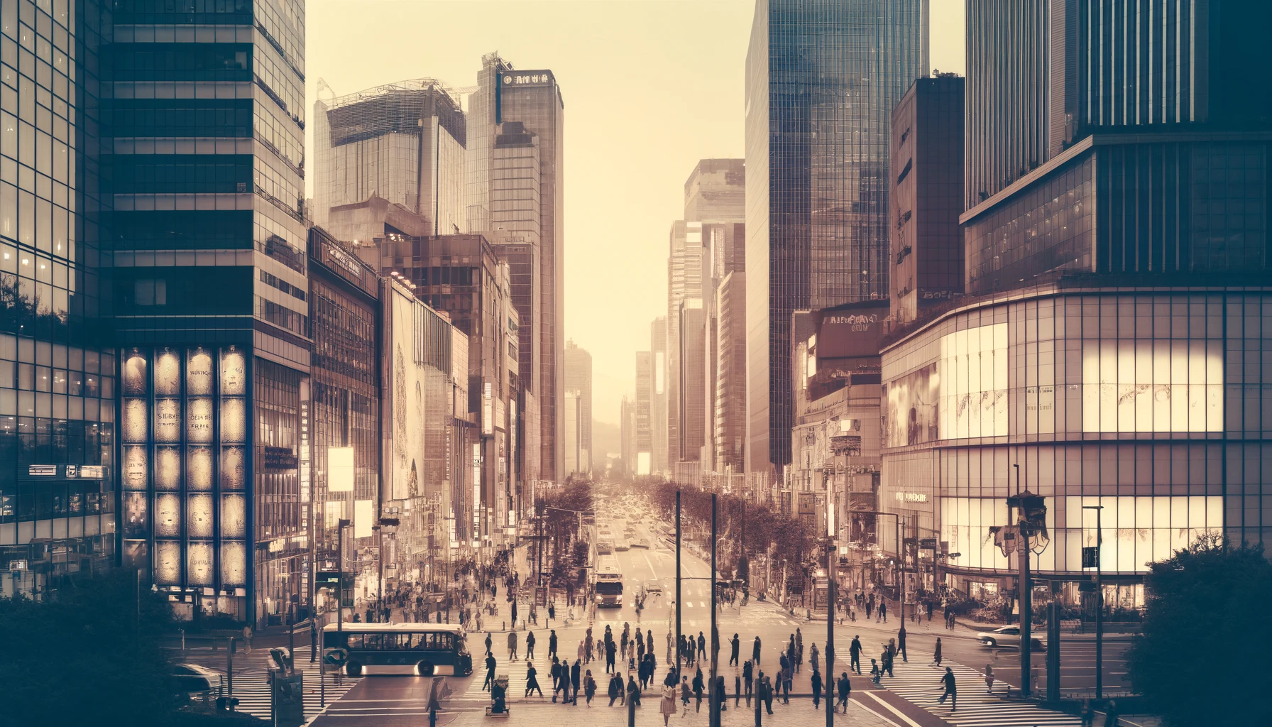 “A bustling South Korean business district with modern skyscrapers, people walking, and signs of economic activity.”