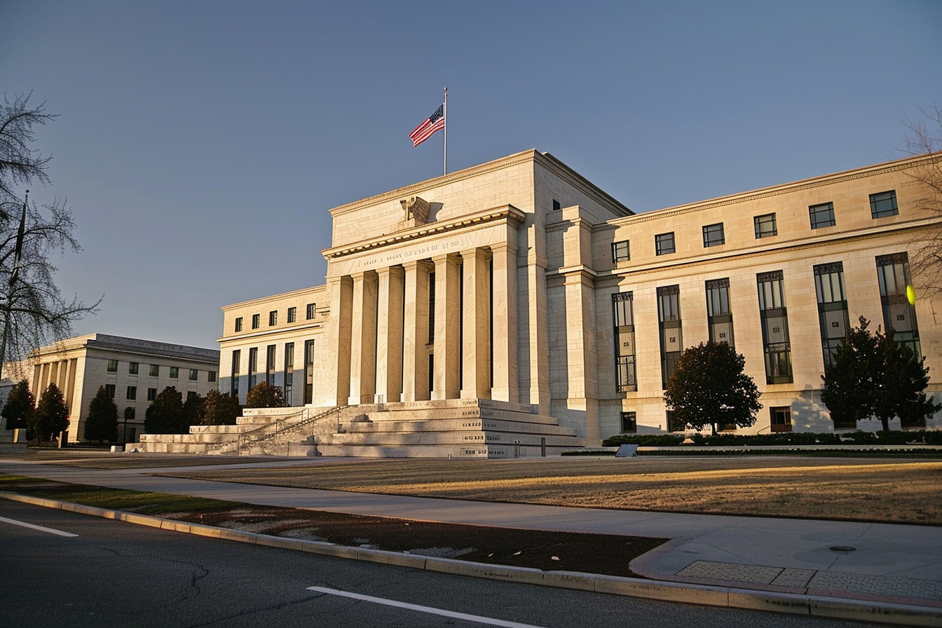 The Federal Reserve building in Washington, D.C., viewed in the daylight with a clear sky.