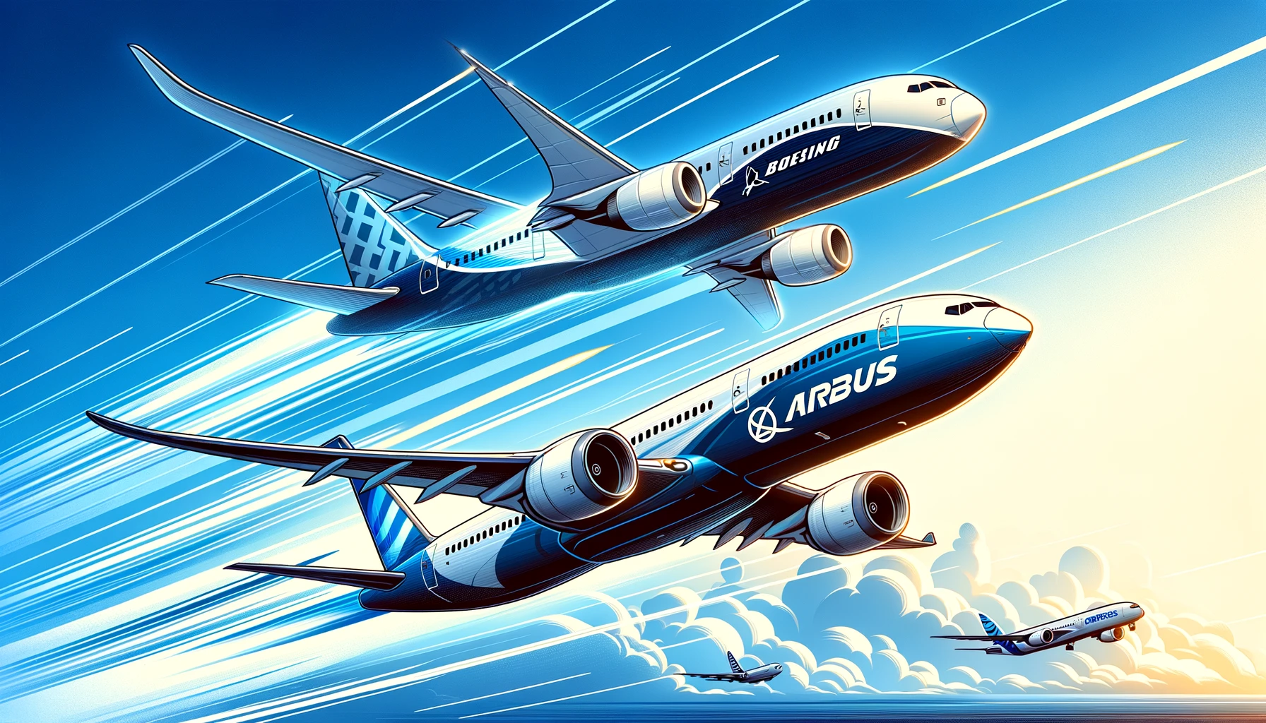 "Boeing and Airbus aircrafts flying in opposite directions, symbolizing their rivalry, against a clear blue sky."